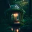 Placeholder: terrario with universe in, A cottage in the middle of a woods, with a rocking chair on its porch. Surrounded by lush greenery, and light rain falling. Comforting, high lighting, intricate, 8k, macro photography