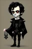 Placeholder: black haired black eyed young man necromancer steampunk goth Gnome that looks like a young Edgar Allan Poe with gothic jewelry in the style of Charles Addams