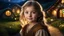 Placeholder: little young hobbit girl, beautiful, confident, calm, wise, happy, innocent, facing camera, head and shoulders, hobbit clothing, perfect eyes, LOTR village, hobbit homes with circular windows and doors, night scene, stars, fireflies, 16k artistic photography, exquisite composition, photorealistic concept art, soft natural volumetric light, chiaroscuro, award-winning photograph, masterpiece, style William-Adolphe Bouguereau