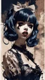 Placeholder: Poster in two gradually, a one side malevolent goth vampire girl face and other side the Singer Melanie Martinez face, full body, painting by Yoji Shinkawa, darkblue and sepia tones,