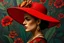 Placeholder: A bold and emotional portrait of a woman in profile wearing a wide red hat, in Frida Kahlo’s deeply symbolic and vibrant style. Surreal botanical background, intense expression, dramatic eyebrows, vivid reds, greens, and earth tones. Feminine strength and mystery. --v 7 --ar 2:3 --style raw --hd --q 2 --uplight --chaos 12