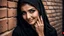 Placeholder: Hyper Realistic Photographic View Of a Beautiful Young Pashto Woman With Beautiful Eyes (& Eye Brows) & Beautiful Hands, & She Wearing Black Dress & Black Dupatta With Her Peeking-Half-Faced From A Brick-Wall Giving Bold Smile & Bold Expressions Putting Her That Hand On That-Brick-Wall At Dark Night Showing Dramatic & Cinematic Ambiance.