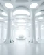 Placeholder: futuristic white room with large organic shaped beams and columns with organic shaped embellishments and details surrounding the empty room. the flooring is flat but has organic shaped details, There's a platform in the middle of the room. the lighting is bright white and the atmosphere is sci-fi