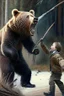 Placeholder: A boy picked up a stick and waved it at the bear, yelling and screaming.