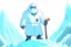 Placeholder: Anime pixel art of a Rookie stage Epi-Yeti, with an adventurous look, wearing a mini lab coat and holding a research scroll, standing atop a pixelated icy hill.