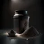 Placeholder: Realistic photograph of a dark studio with a container for protein powder, a scoop of protein powder. High resolution.