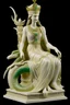 Placeholder: A young Egyptian goddess with blonde hair and green eyes, wearing a white linen dress and a lotus flower crown. She is sitting on a throne made of alabaster, carved with the head of a benevolent dragon