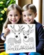 Placeholder: Check out a picture of two kids(4 years) showcasing their finished deer coloring page in a frame or as a gift for someone special. (style carton)