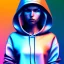 Placeholder: woman teenager, hoodie, retro futuristic, leather dress, gradient color, BLUE, PINK, CYAN, neon, insanely detailed, 16k resolution, perfect eyes, cinematic smooth, intricate detail