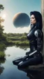 Placeholder: Fantasy Photo Of A Woman With Black Hair, Wearing A robot-looking catsuit, Sitting sideways On A Ledge next to a Pond, With A Planet rising Behind Her Head