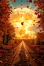 Placeholder: foreground with many falling leaves, behind is a nuclear explosion's mushroom cloud that looks more like a tree in fall, with explosion radiating outward, many leaves falling in foreground, ground is dirt and scorched with a road coming down the middle towards viewer, angelic fantastic lighting