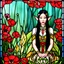 Placeholder: Stained Glass Art Nouveau art style A beautiful as a model asian woodland elf princess who looks like a young Lucy Liu seated on a throne surrounded by poppies and marijuana plants in a mystical forest, photo-realistic