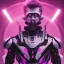 Placeholder: handsome, cute man, handsome man in futuristic suits, black and white highlight hair color, pink and purple background, pink lighting, deep purple backlighting, gun, smoke, robot suits