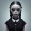 Placeholder: Wednesday Addams, Wednesday with braids standing with her arms crossed, dark, hyper detail, octane render, unreal engine 5, photorealistic, 8k resulation