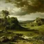 Placeholder: An olive green wasteland near an abandoned plague town painted by Gustave Courbet