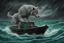 Placeholder: A giant lumbering grey wolf attacks a tiny boat in a stormy sea, a dark, ominous image, black, turquoise (a little closer to green) and white colours, rain, wind, lightning, dynamic, surreal. And a cat. Definitely a cat.