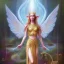 Placeholder: water color and spray painting fantasy art, portrait elven angel,holding harp, standing in portal to wet forest world from desert world with camels,poetry book illustration