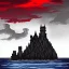 Placeholder: dnd, fantasy, black castle, black sand, illustration, demonic, brutalist, blood-red sky