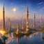 Placeholder: landscape, river, sun, skyscrapers, city, far view, plane, peace, mosque colorful.