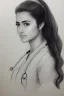 Placeholder: Pencil sketch of Young woman , nurse , Arab features,sad, long wavy hair, full body، on lined paper