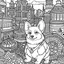 Placeholder: coloring pages for adults, Corgi, Quirky, In the style of Bravest Warriors, Urban city background, Excited Mood, Fine Lines, Low Detail, --ar 9:16