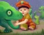 Placeholder: 1yo little szymon is on safari onthe moon. petting a green dinosaur. he has big binoculars and a funny hat. High detailed. Cinematic. Digital painting. Warm lights.