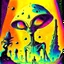 Placeholder: Psychedelic Alien Art, chromatic aberration, retrofuturism, vintage sci-fi illustration, weird space alien print, surrealist french art, eerie, 70s sci-fi art, creepy cutout style , watercolors, pulp fiction art style