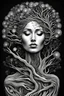 Placeholder: abstract illustration of a fractal inspired driftwood sculpture of a beautiful lady, dark and dry branches, harmony, holding a dandelion, intricately detailed, beautypunk, black and white, closed eyes, etheral, the smell of the hope, Style: isometric