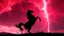 Placeholder: full silhouette of a horse rearing up(on right, facing left, outlined by lightning), red cloudy sky, lightning bolts(from top left, to bottom right), 3d illustration