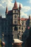 Placeholder: give me an image of a grand school of magic encompassing 9 different schools of magic, a library, a tower specifically for the archmage, and an adjoining boathouse floating in space. Let the architecture of the school be a renaissance castle