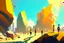 Placeholder: Sunny day, people, rocks, distant modern city