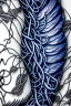 Placeholder: upclose ultra realistic and highly detailed photo of a tattoo, close up texturised image of an angel wing, on the angel wing a name is written -"Jiu-Jitsu", the backgrond is an abstract, chaotic and explosive collage of of vines with thorns and rope knots,.blue and gray,.32k