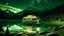 Placeholder: Old olive green Westfalia camper van camped by a crystal clear mountain lake, pop-up roof deployed, bonfire lit next to the vehicle, Northern Lights dancing in the night sky, star reflections in the water, wolves howling in the distance, magic realism style