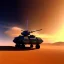 Placeholder: volumetric Wide desert view painted by chris foss of Military hovering tank With laser from the future, 4k, 8k, [hovercraft] Minutiae, highly detailed, render, rivets, hovering, stripes, sunset duststorm, nimbus clouds