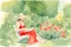 Placeholder: woman in red swimsuit reading a book in a beautiful garden in sunshine style Vittorio Giardino, stylized pen drawing and watercolor