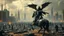 Placeholder: detalied cyberpunk interpretation of Bruegel's "The Triumph of Death", capturing the symbolic "harvest" of humanity. this is terror. A dystopian metropolis under smog sky, cybernetic soliders reapers are executing physical harvest many of humans citizens killed army of cyberwarrior androids and robotic soliders, many panicking run away people ,many bodies lying on the ground. a cyber-death warrior in black hood with futuristic gun on an mechanical robotic horse, thriller, detailed, cinematic