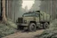 Placeholder: Military truck on a road, forest, overgrown apocalyptic, comic book,
