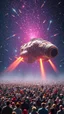 Placeholder: A field of random people in a bright lighting , at the end of the picture a huge complicated details texture of a colorful spaceship , lot of rockets and falling stars filling the picture