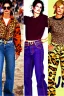 Placeholder: year 1997 denim fashion. Combat pants, Loose fit, low waist, baggy. Colors: denim blue, blue, purple, khaki, light green, lilac, plum, orange, terracotta, red, pink, dark blue, beige. Patterns: cheetah, balls, stripes. Women models. Sharon Stone, Sandra Bullock, Winona Ryder, Milla Jovovich, Big tennis shoes on. Latex in small part, areas, clothes..Combat pants. Leg warmers.