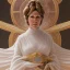 Placeholder: hyperspace background, complete and photo realistic detailed head to waist stunning photo realistic portrait of carrie fisher as Princess Leia in star wars with photo realistic updo hairstyle by Mandy Jurgens and mucha and Richard Schmid and chuck close and chie yoshii, extraordinary and detailed ceremony dress of star wars,brown eyes