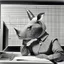 Placeholder: use pieces of grid mirror glass for materials, splice a headpiece with rhinoceros, 1960s office style with monitor eyes, show a sense of conformity