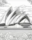 Placeholder: a coloring page, depicting the Sydney opera house, full page, full view, black and white, line art, outline, highly defined lines,