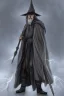 Placeholder: Tall Wizard, dark broody, long staff in hand, grey cloak, photorealistic, lightning background, fedora, anatomically perfect face