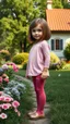 Placeholder: child girl with realistic face and bob hair and makeup in pretty top and short tight and nice shoes,looking like a beautifull lady standing in country side next to country house with flowers,trees.