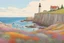 Placeholder: Rocky shoreline, steep pale rock cliffs, Lighthouse in the distance, Multi-colored wildflowers growing on top of the cliffs, hyperdetailed