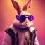 Placeholder: Rabbit toddler, smile, steampunk headphone, sunglass, gangsta neckless, full body, magenta puffer jacket, manila city background, dramatic lighting, hyper realistic, unreal engine 5, 16k