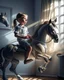 Placeholder: My Gemini prompt/Pixverse animation. Prompt: A square digital painting of a young boy sitting on a rocking horse in his bedroom, his translucent light grey shadow which is on the wall beside him depicting an outline of a boy galloping a real horse, the image depicts the dreams child have. Hyper-realistic hyper-vibrant hyper detailed