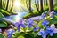 Placeholder: Beautiful forest with parma periwinkle flowers, parma or blue light effects colors, sun, realistic, high contrast, river with vinca flowers along, 8k, high definition, concept art, sharp focus