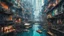 Placeholder: Water-level view of buildings on a canal, made of metal, cyberpunk, many painted colours, floating and flying boats, balconies, bridges, people, shopping, eating, walking, fifth element, ghost in the shell, altered carbon