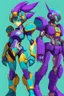 Placeholder: One Genderless Cyborg made of metal, has a human like face with a really long violet ponytail, the cybord is wearing armor similar to Megaman. The color palatte of the armour is deep purple and yellow. The Cyborg is not wearing a Helmet, and has Turquoise colured eyes.